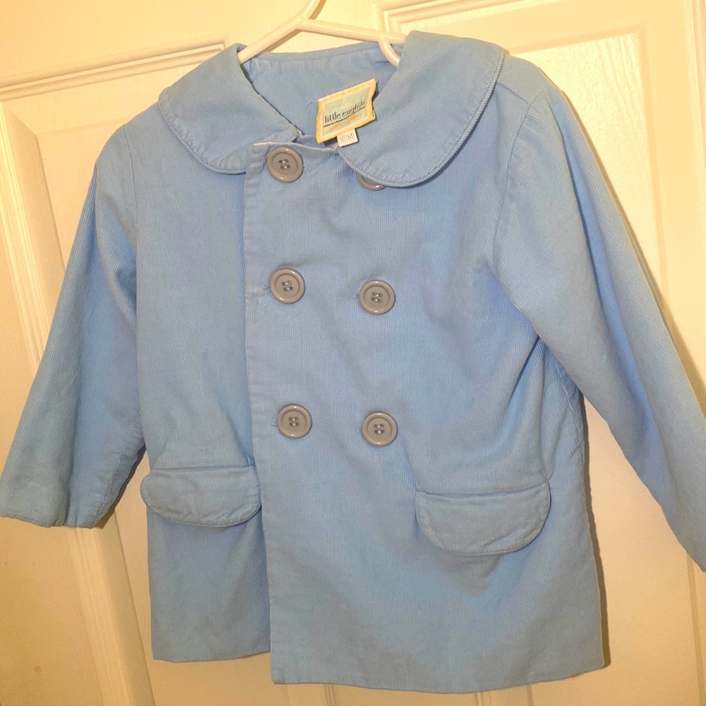 Little English Boys Pea Coat in Baby Blue Corduroy. Size 18M.